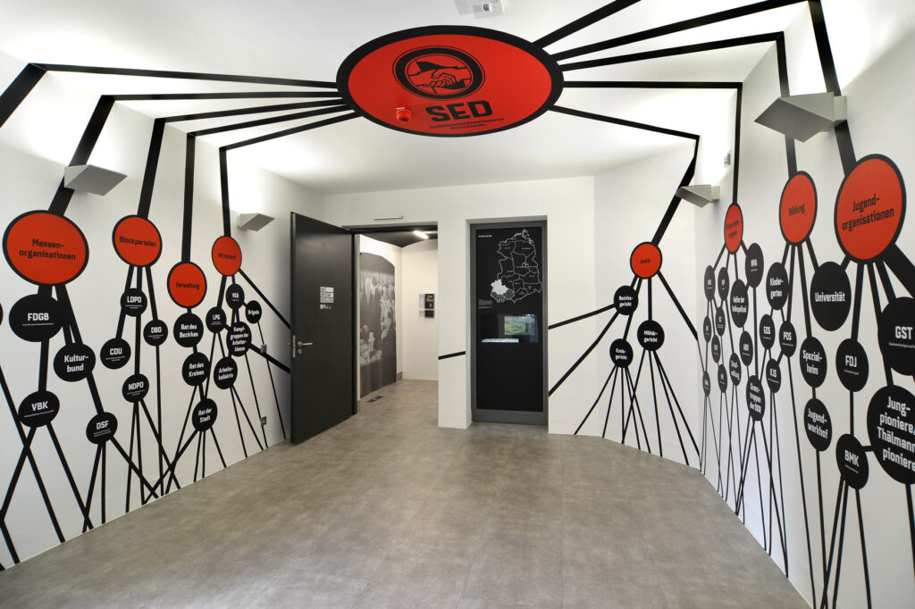 ein großes Wand, es ist einer Spinne nachempfunden. An der Decke der rote Kopf, dran schwarze Balken, die über die Decke in die Seitenwände überläuft und in unterschielidhce Blasen mündet. Dargestellt wird hier die SED, die in alle Bereiche hineinragte.