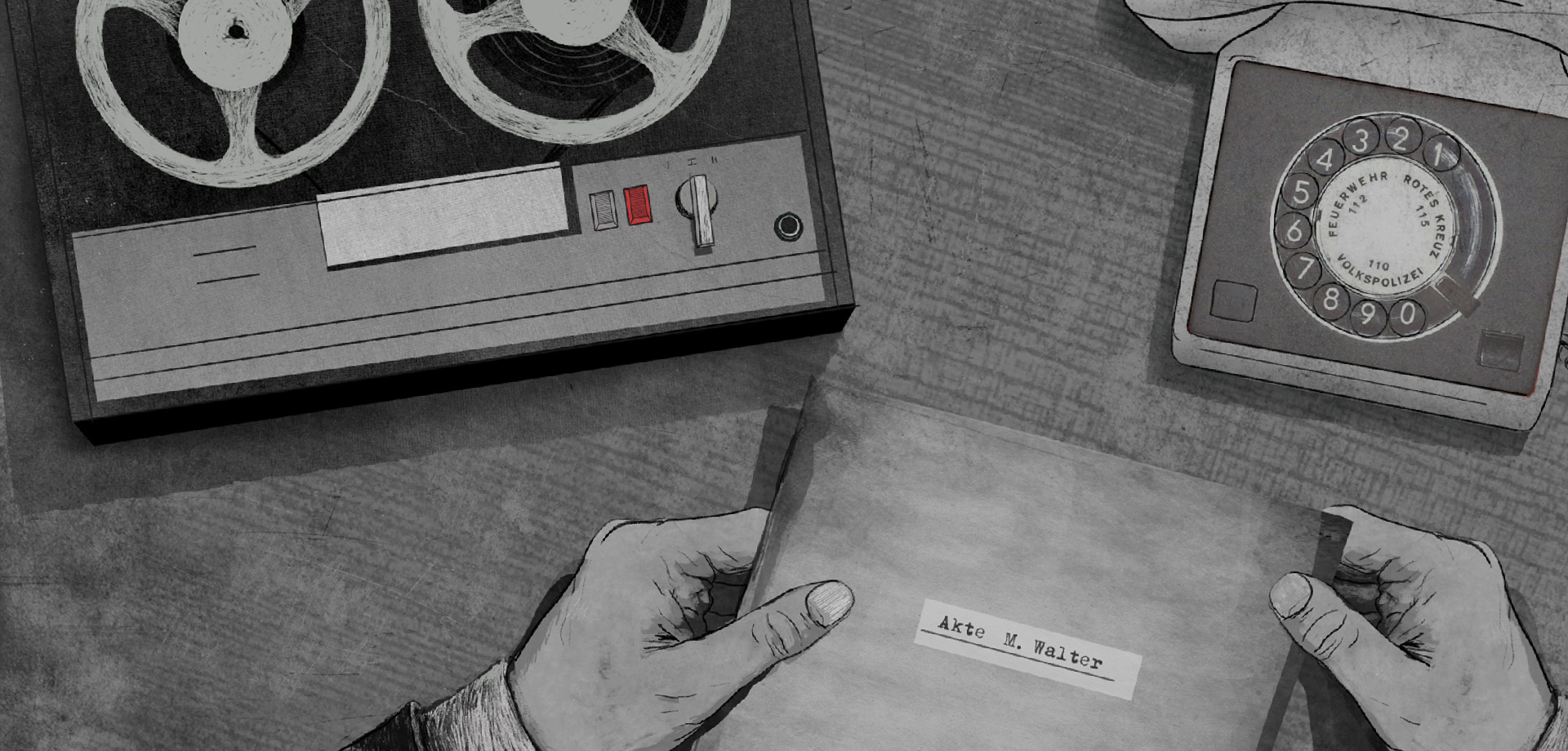 eine Zeichnung: darauf ist ein Tonbandgerät, ein Telefon mit Wälscheibe und zwei Hände, die ein Papier halten, darauf steht "Akte M. Walter"
