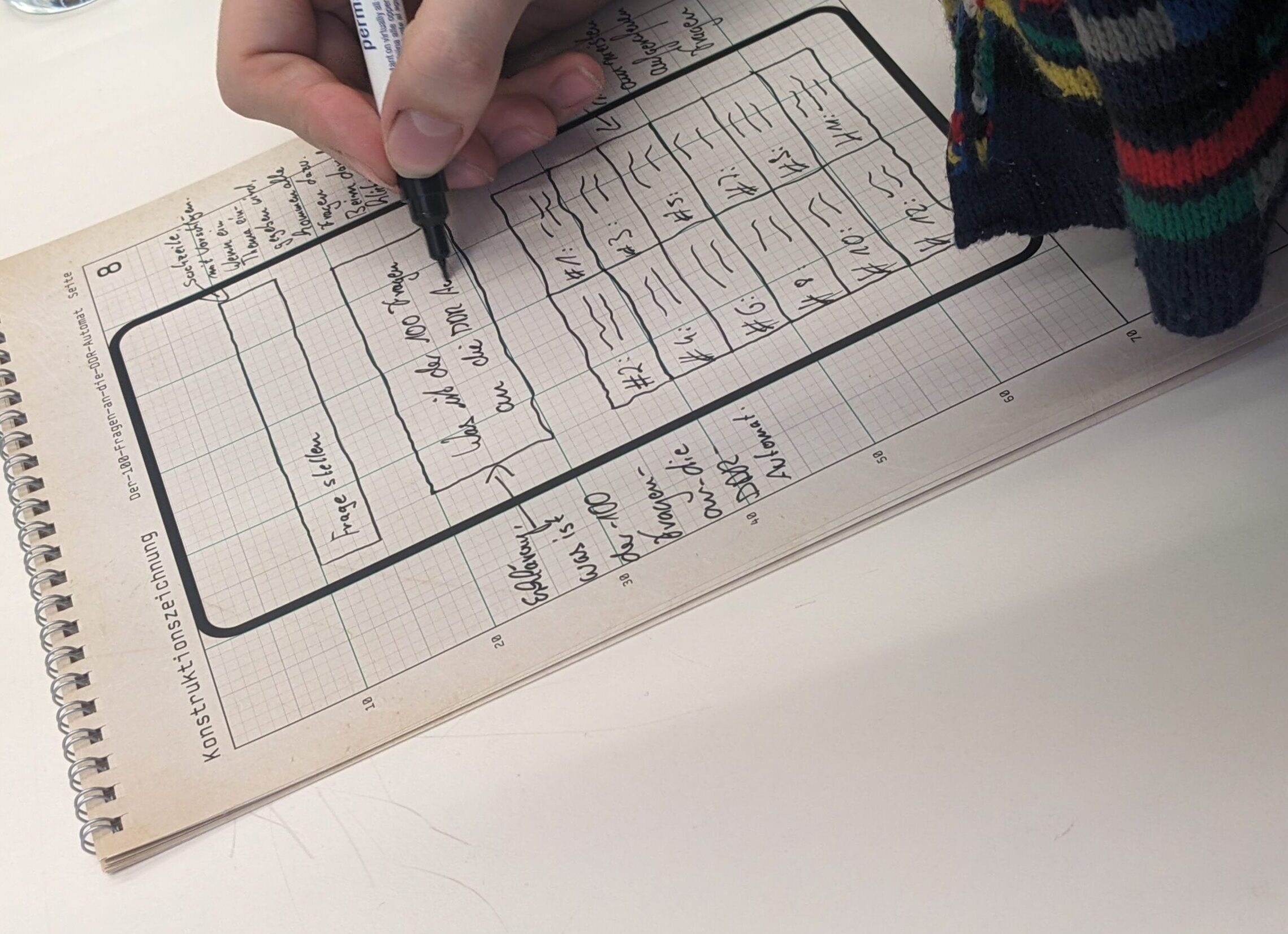 Blick auf eine beschriebenes Blatt, wir sehen eine Hand, die mit einem Marker das Blatt beschreibt